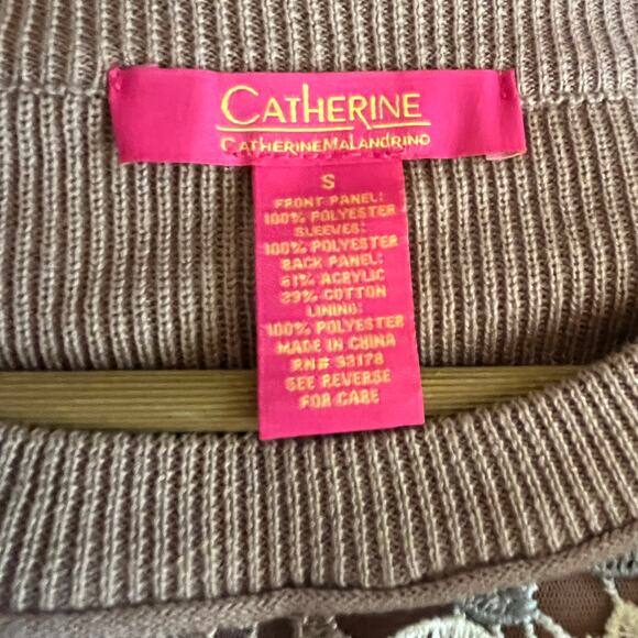 Catherine Malandrino Sweater Womens Small Brown Floral Lace Knit Crew Neck - Picture 5 of 8